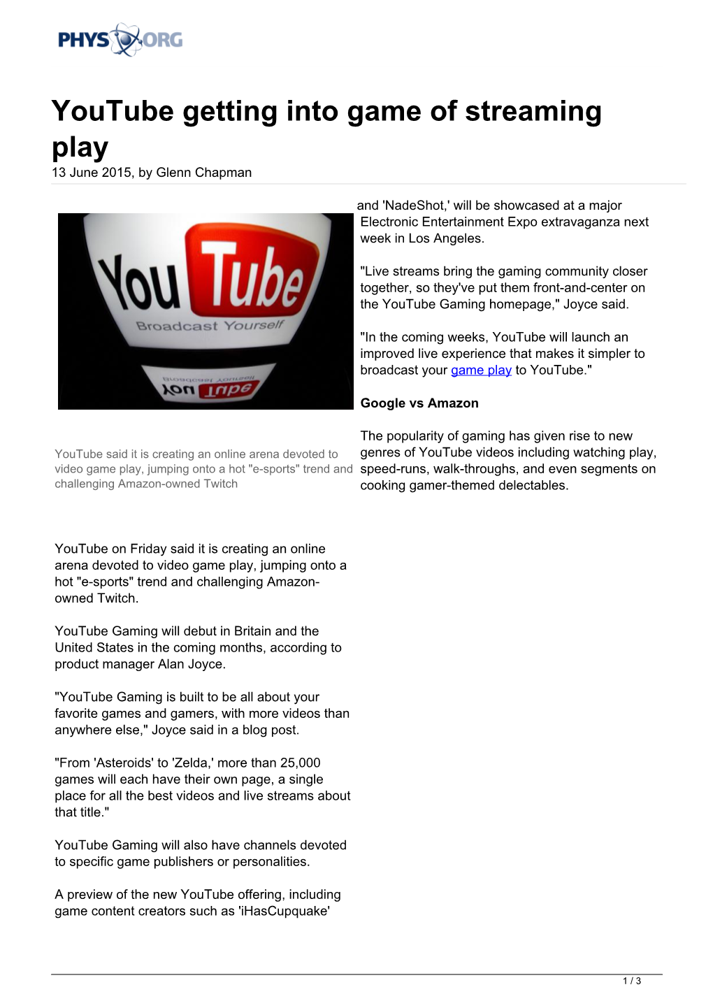 Youtube Getting Into Game of Streaming Play 13 June 2015, by Glenn Chapman