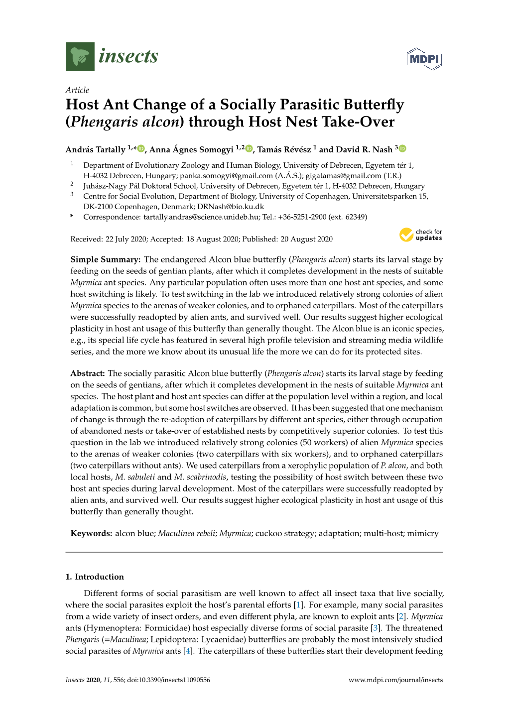 Phengaris Alcon) Through Host Nest Take-Over