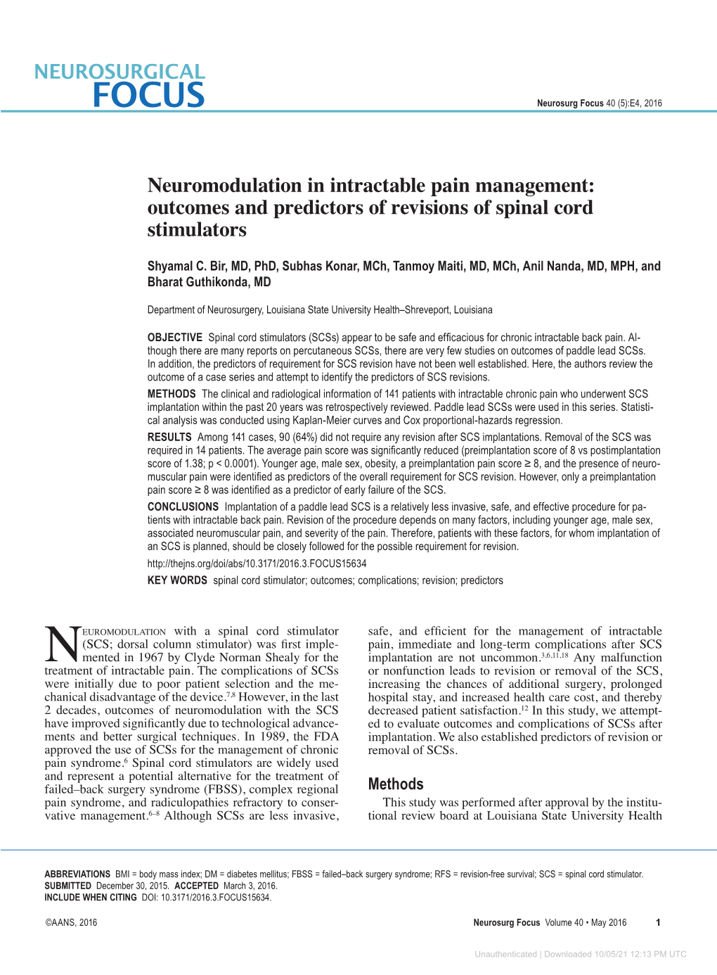 Outcomes and Predictors of Revisions of Spinal Cord Stimulators