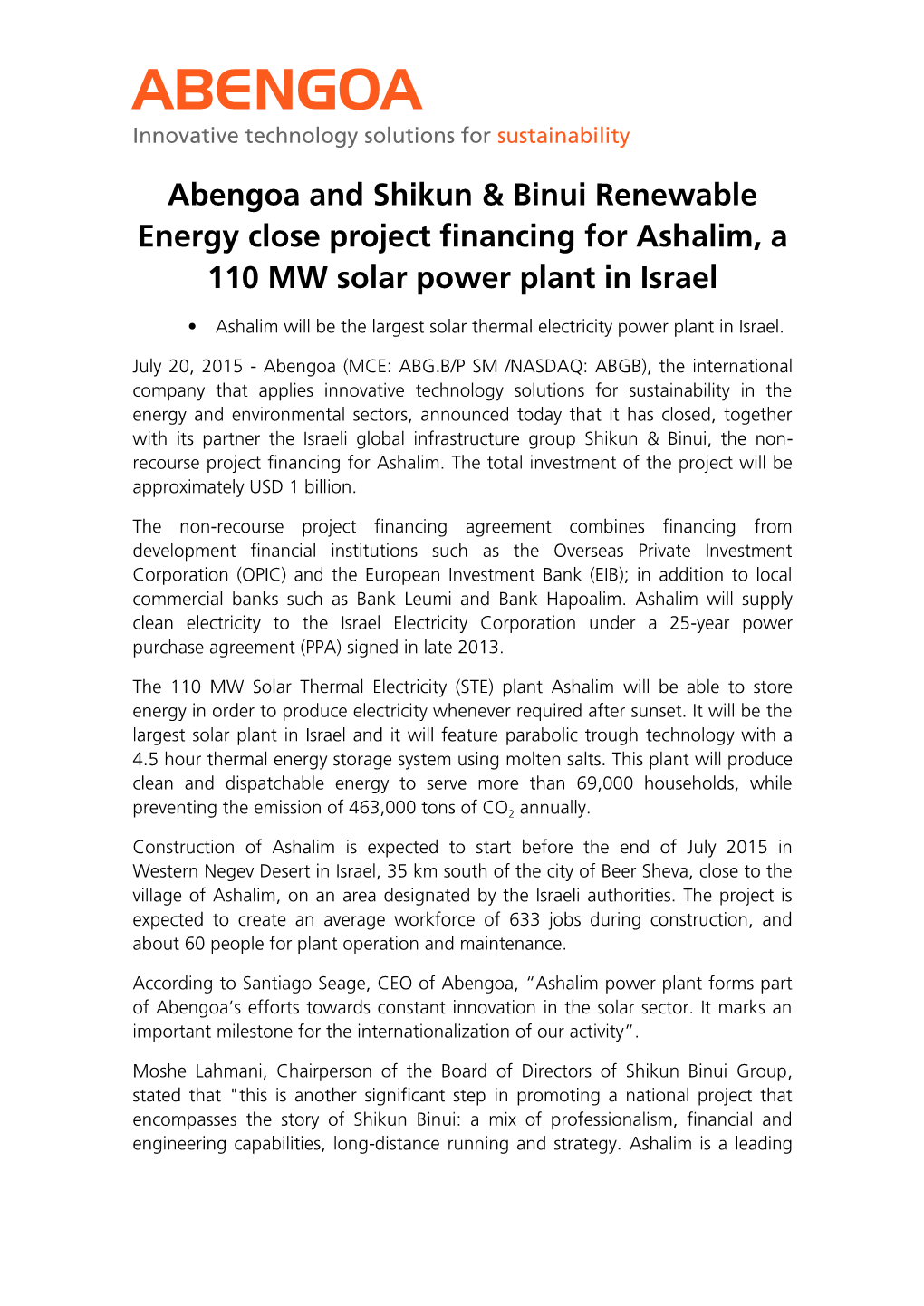 Abengoa and Shikun & Binui Renewable Energy Close Project