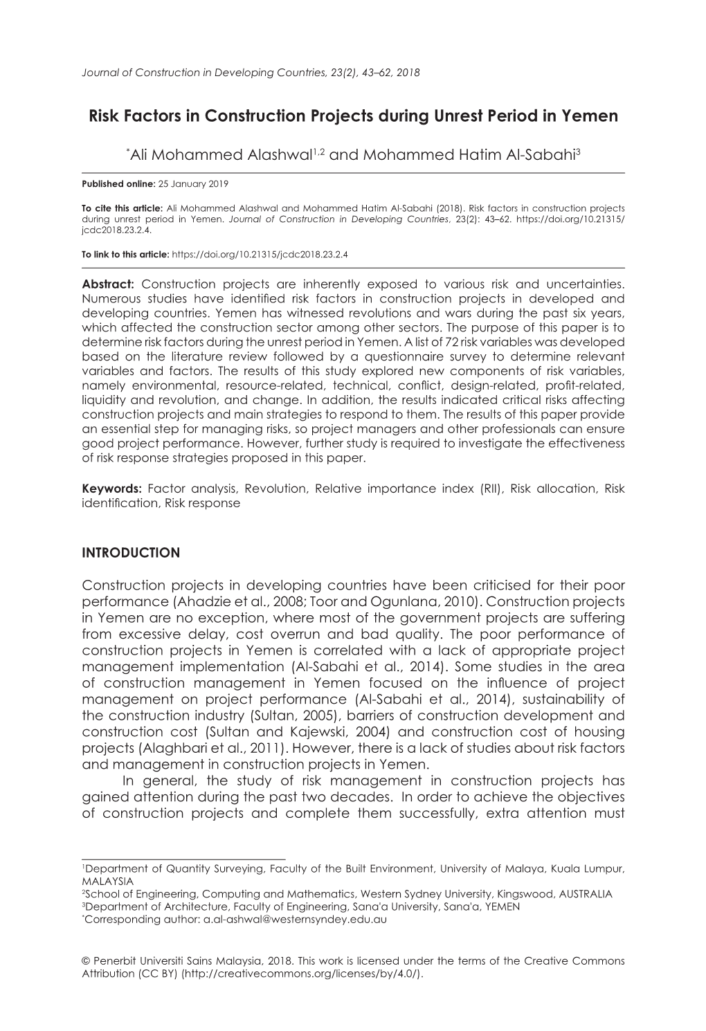 Risk Factors in Construction Projects During Unrest Period in Yemen