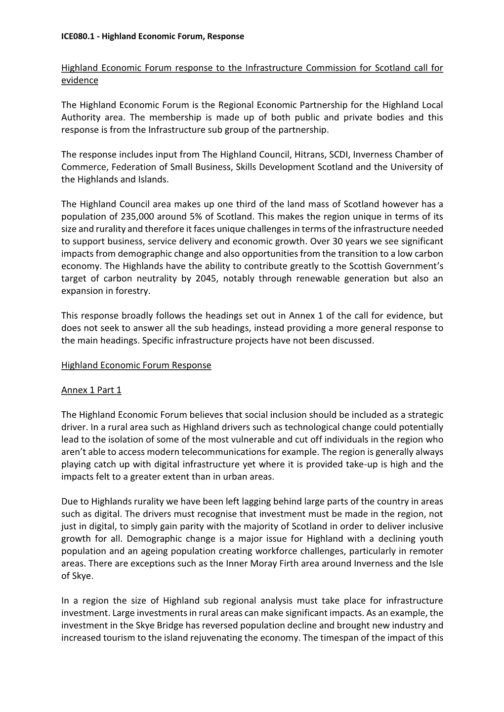 Highland Economic Forum Response to the Infrastructure Commission for Scotland Call for Evidence the Highland Economic Forum Is