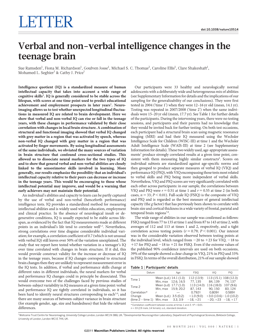 Verbal and Non-Verbal Intelligence Changes in the Teenage Brain