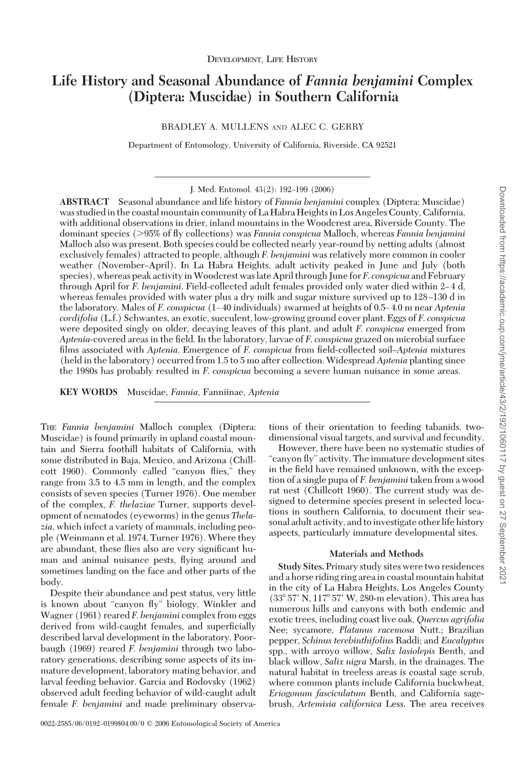 Life History and Seasonal Abundance of Fannia Benjamini Complex (Diptera: Muscidae) in Southern California