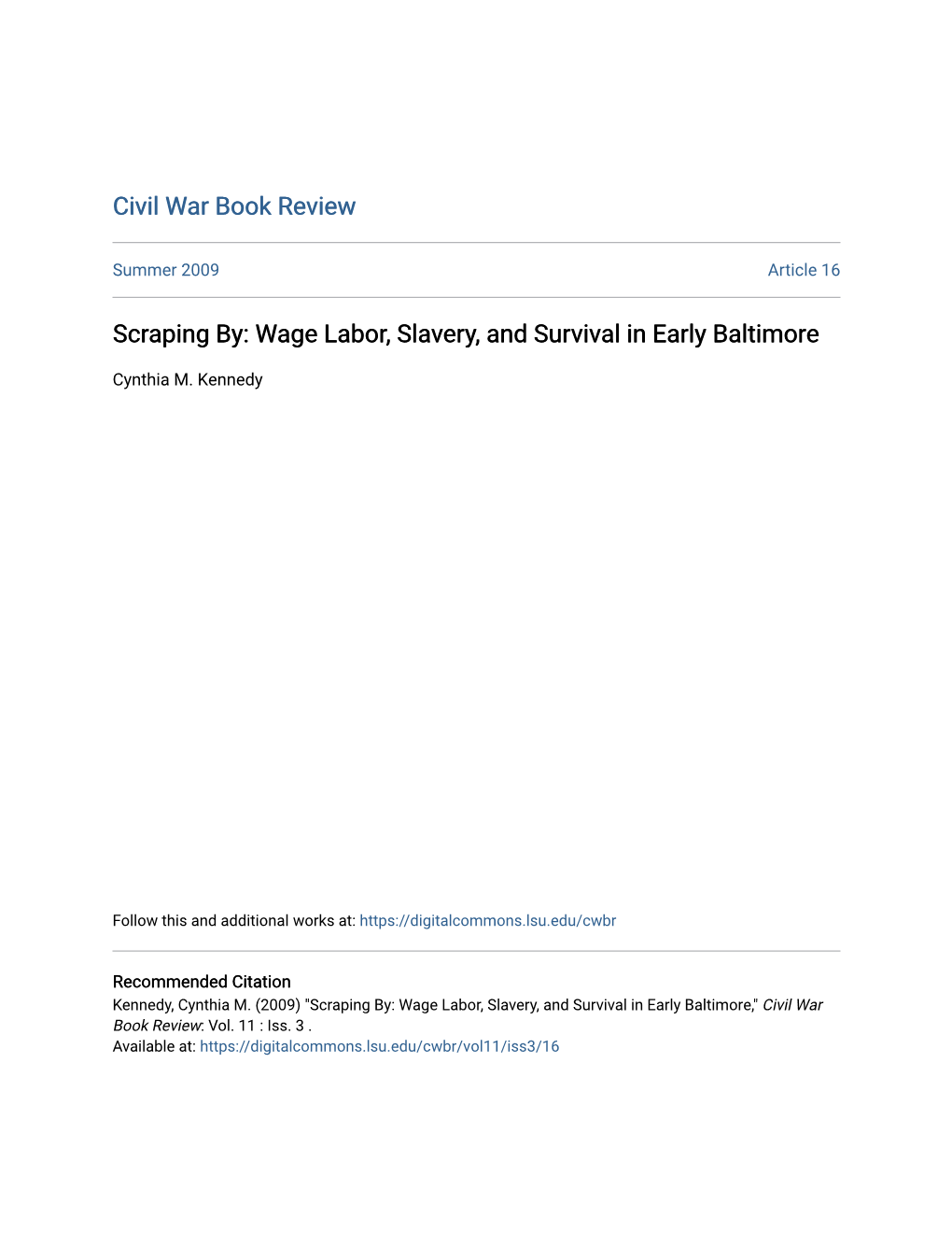 Scraping By: Wage Labor, Slavery, and Survival in Early Baltimore