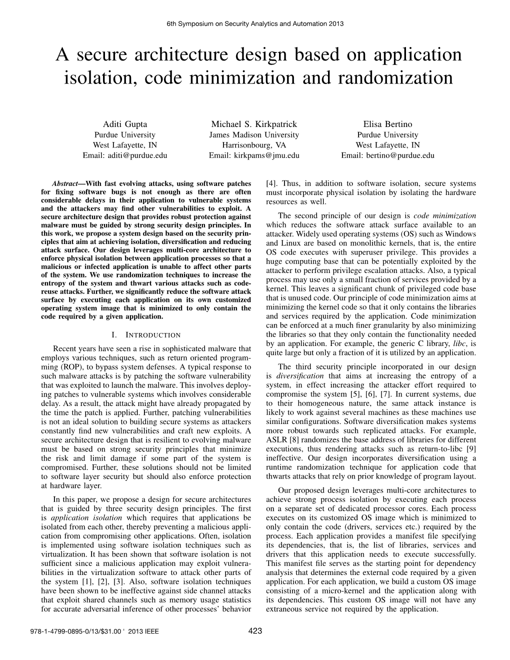 A Secure Architecture Design Based on Application Isolation, Code Minimization and Randomization