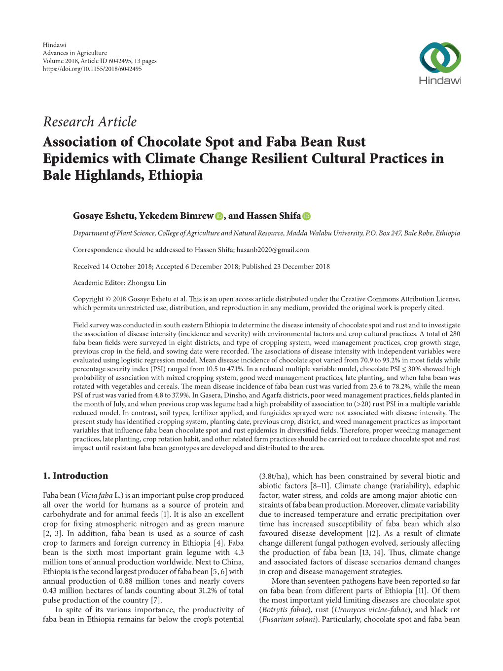 Research Article Association of Chocolate Spot and Faba Bean Rust Epidemics with Climate Change Resilient Cultural Practices in Bale Highlands, Ethiopia