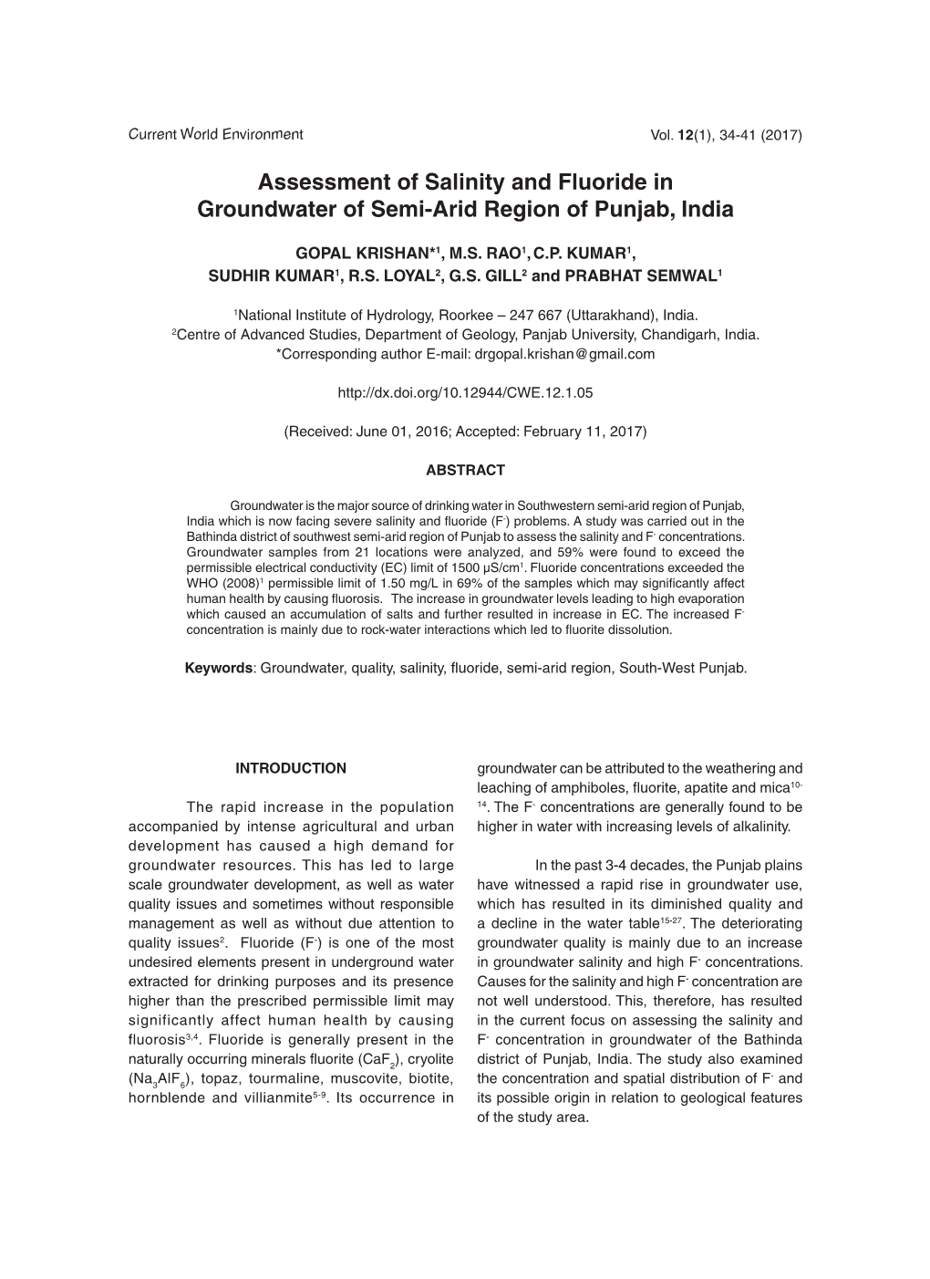 Assessment of Salinity and Fluoride in Groundwater of Semi-Arid Region of Punjab, India