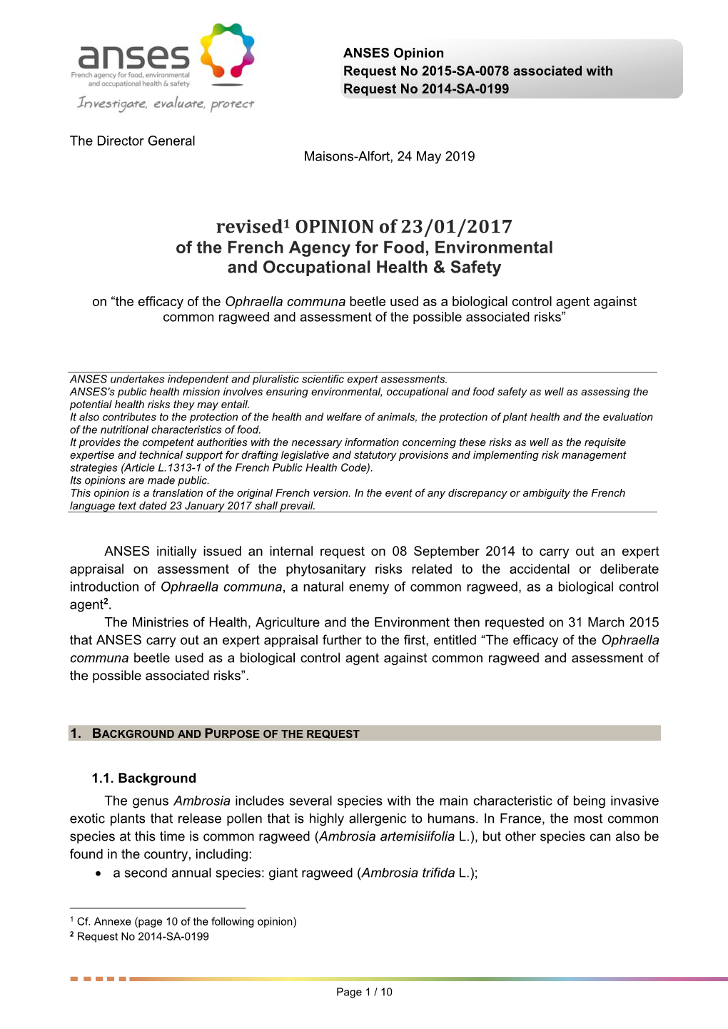 Revised ANSES OPINION on the Efficacy of the Ophraella Communa