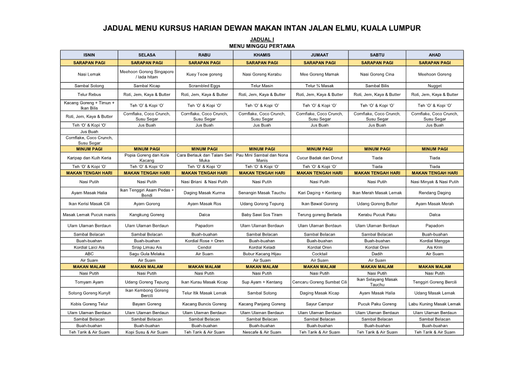 Jadual Menu Kursus Harian Dewan Makan Intan Jalan