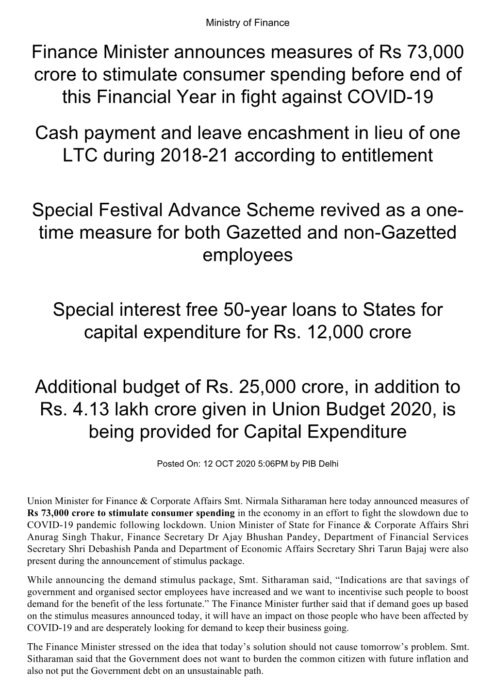 Finance Minister Announces Measures of Rs 73,000 Crore To