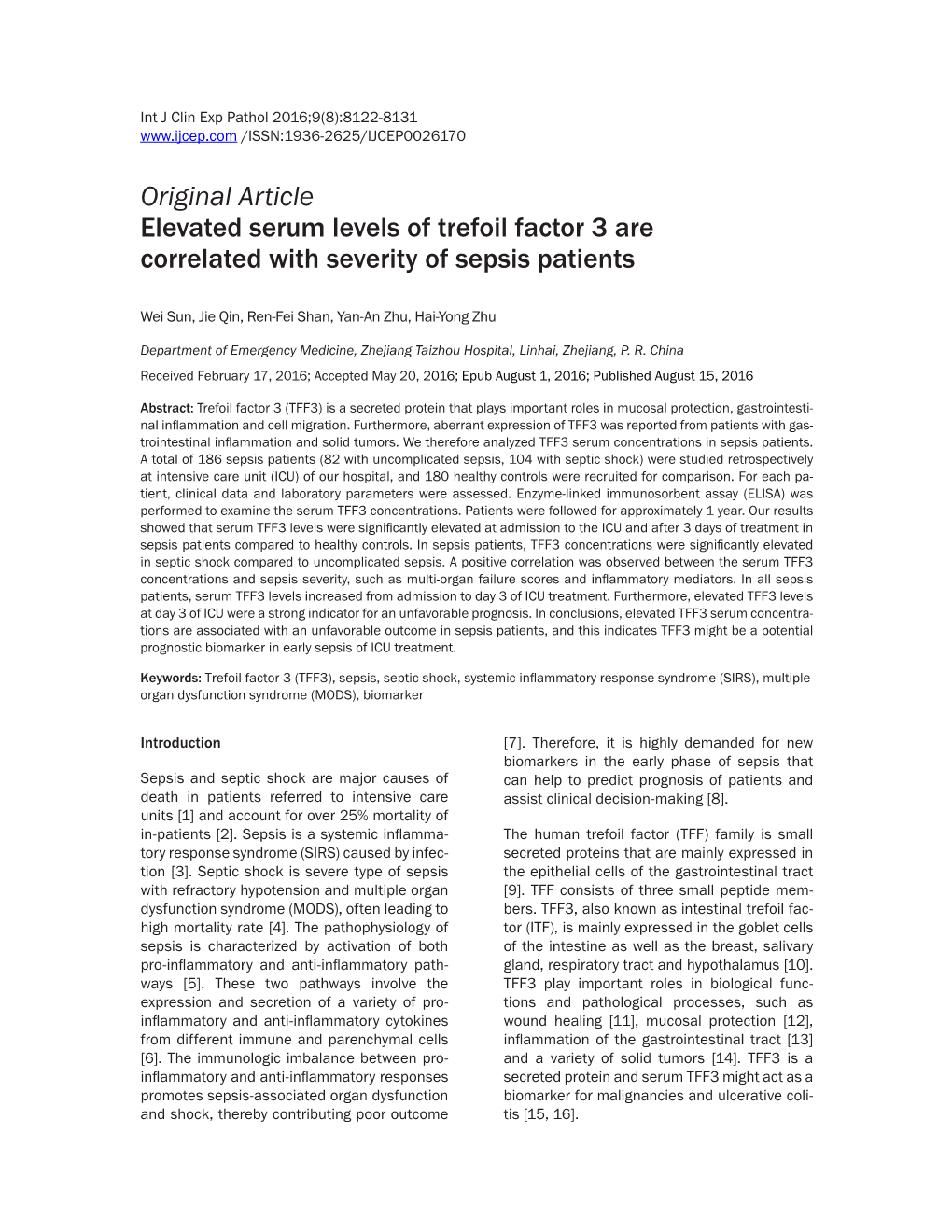 Original Article Elevated Serum Levels of Trefoil Factor 3 Are Correlated with Severity of Sepsis Patients