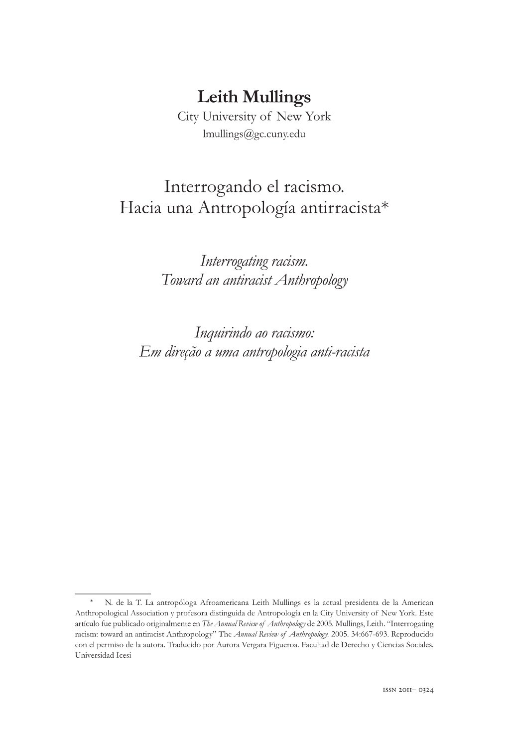 Leith Mullings Interrogando El Racismo. Hacia Una Antropología Antirracista*