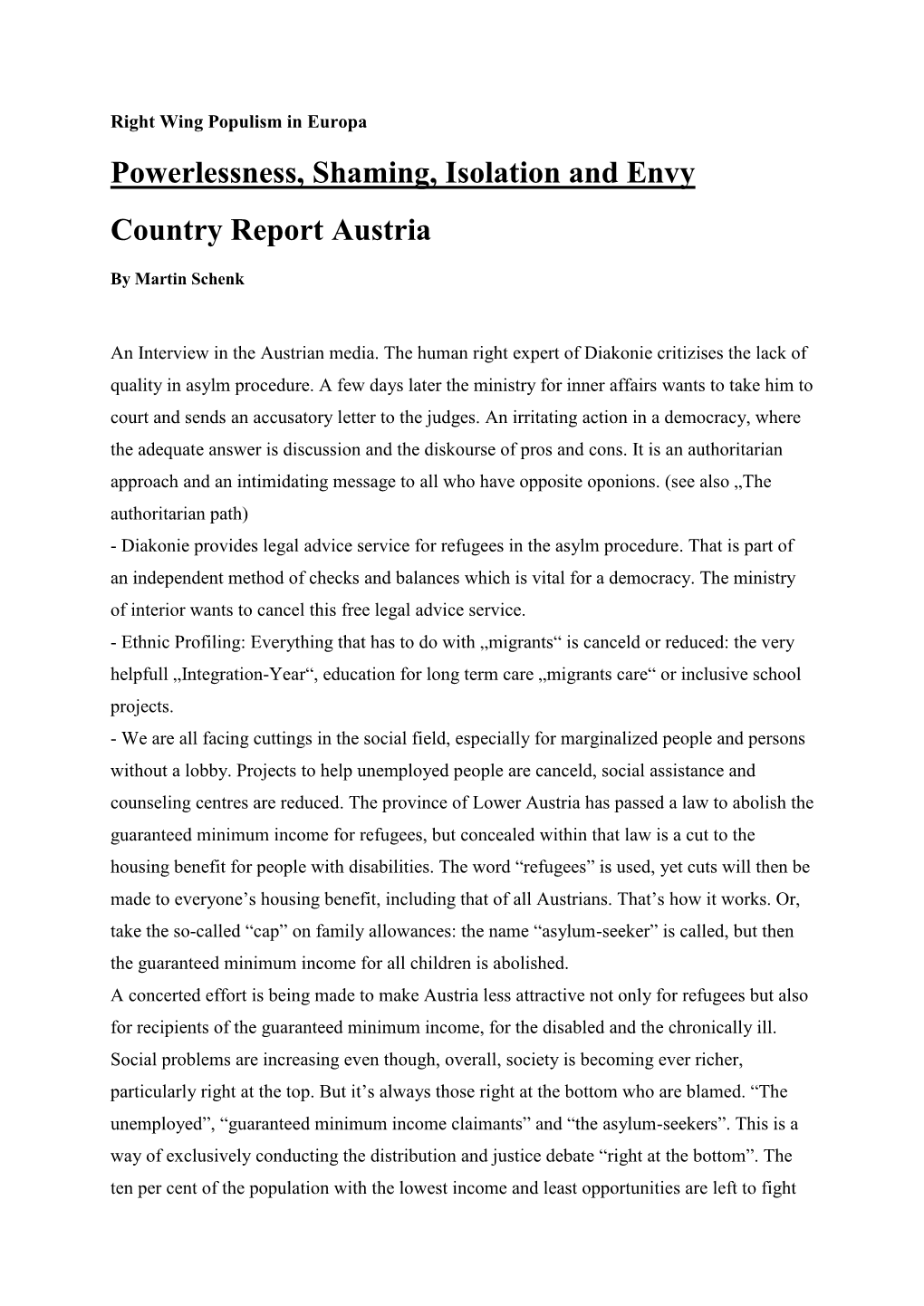 Powerlessness, Shaming, Isolation and Envy Country Report Austria