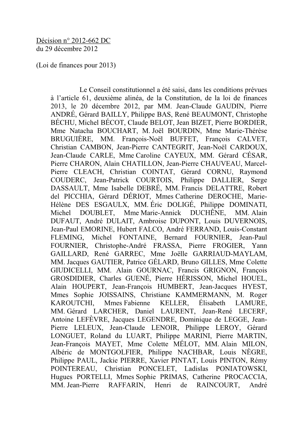 Décision N° 2012-662 DC Du 29 Décembre 2012