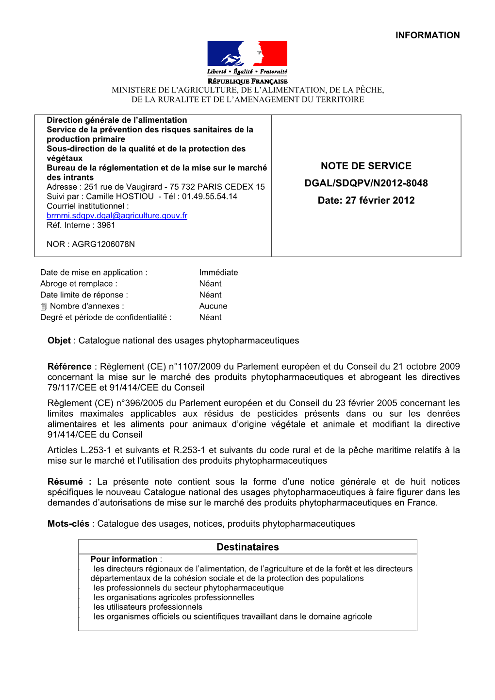 NOTE DE SERVICE DGAL/SDQPV/N2012-8048 Date