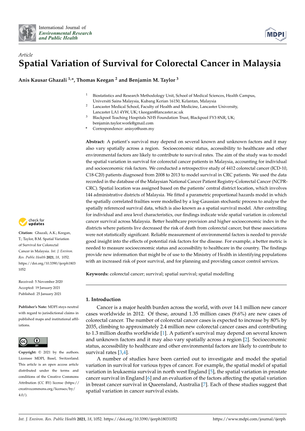 Spatial Variation of Survival for Colorectal Cancer in Malaysia