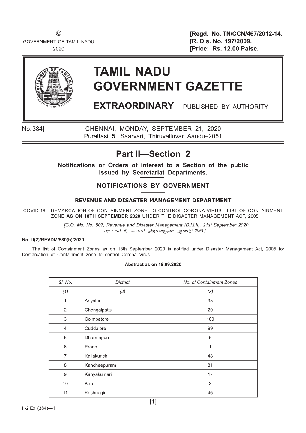 384] CHENNAI, MONDAY, SEPTEMBER 21, 2020 Purattasi 5, Saarvari, Thiruvalluvar Aandu–2051