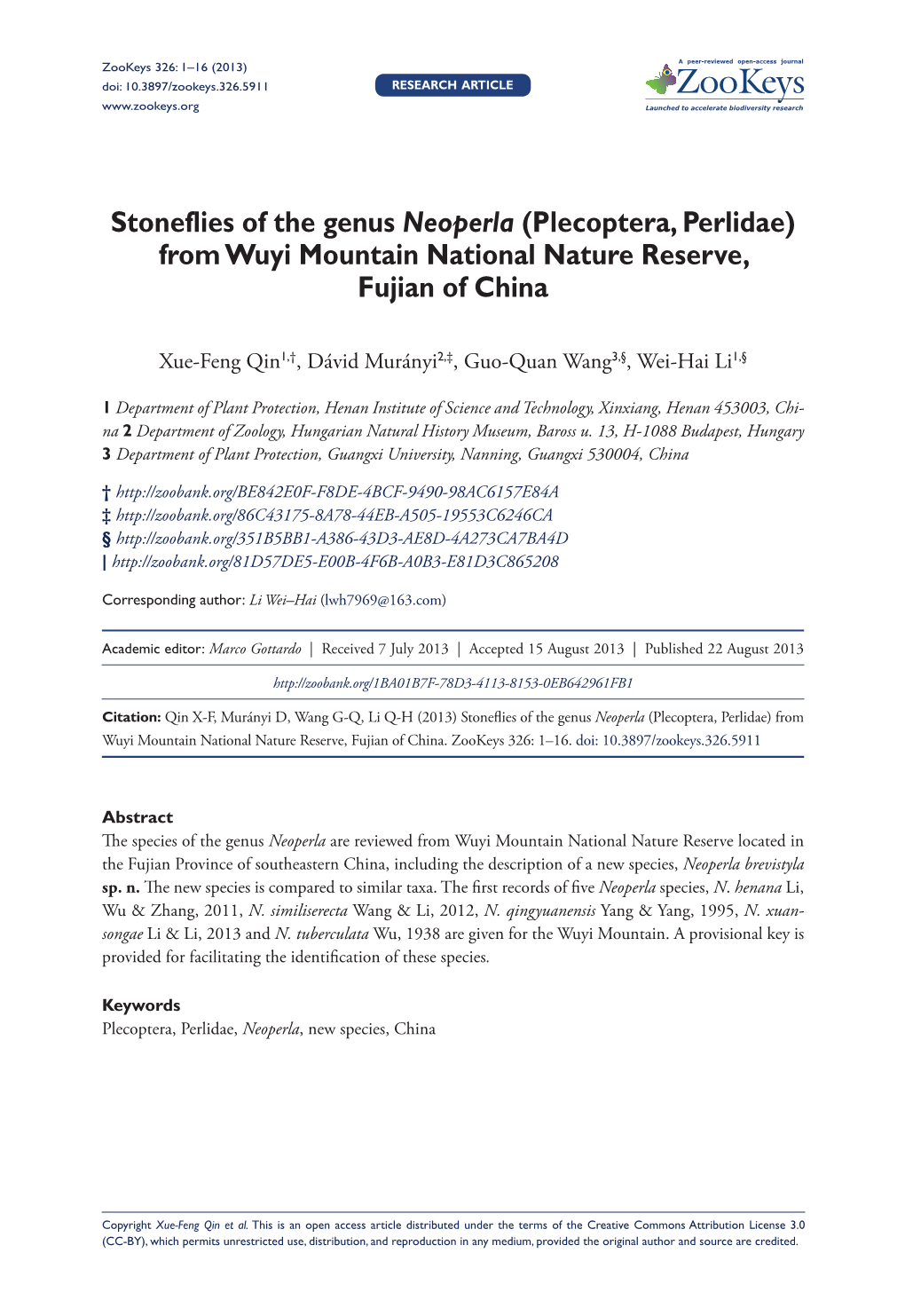 Stoneflies of the Genus Neoperla (Plecoptera, Perlidae) from Wuyi Mountain National Nature Reserve, Fujian of China