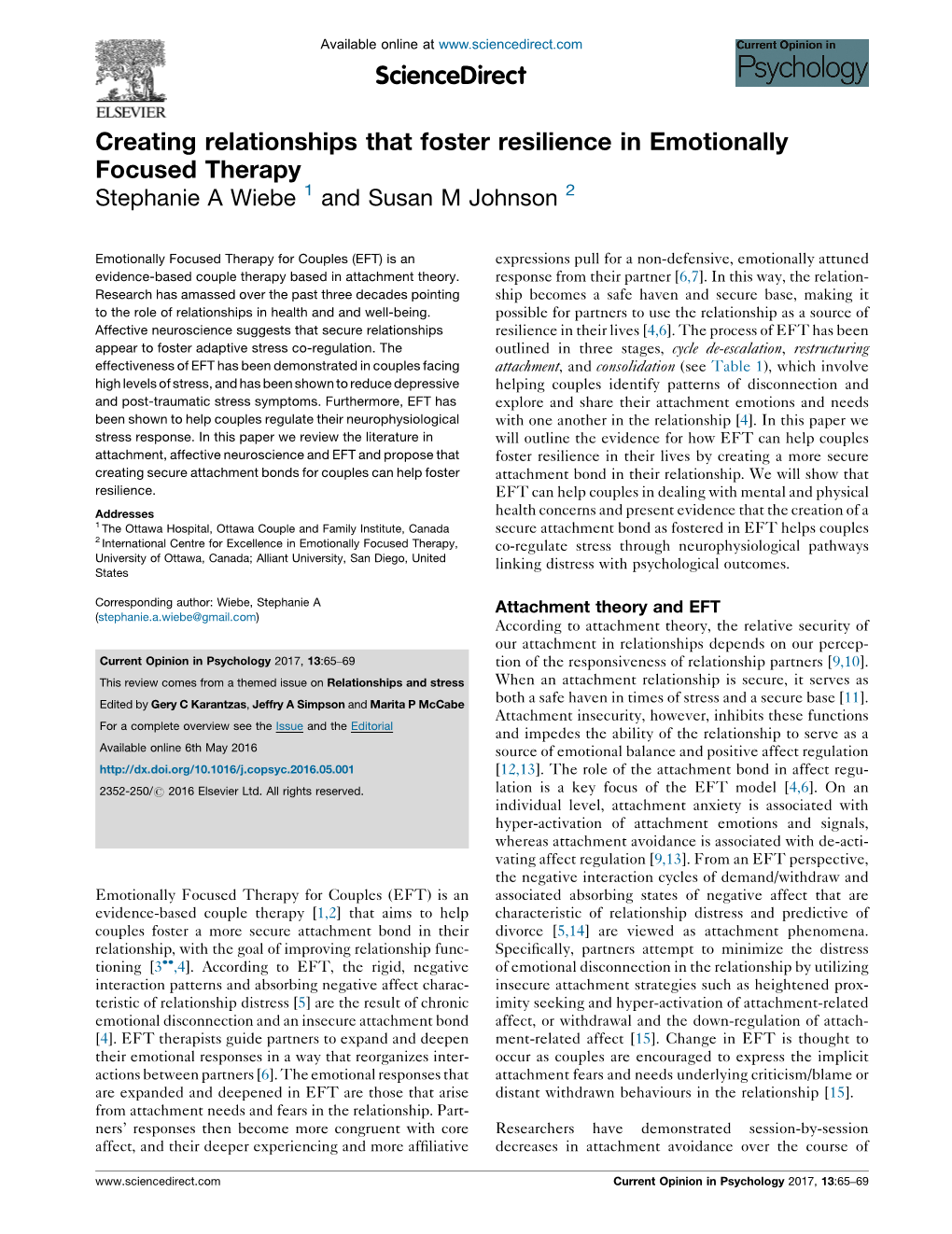 Creating Relationships That Foster Resilience in Emotionally Focused Therapy Stephanie a Wiebe 1 and Susan M Johnson 2