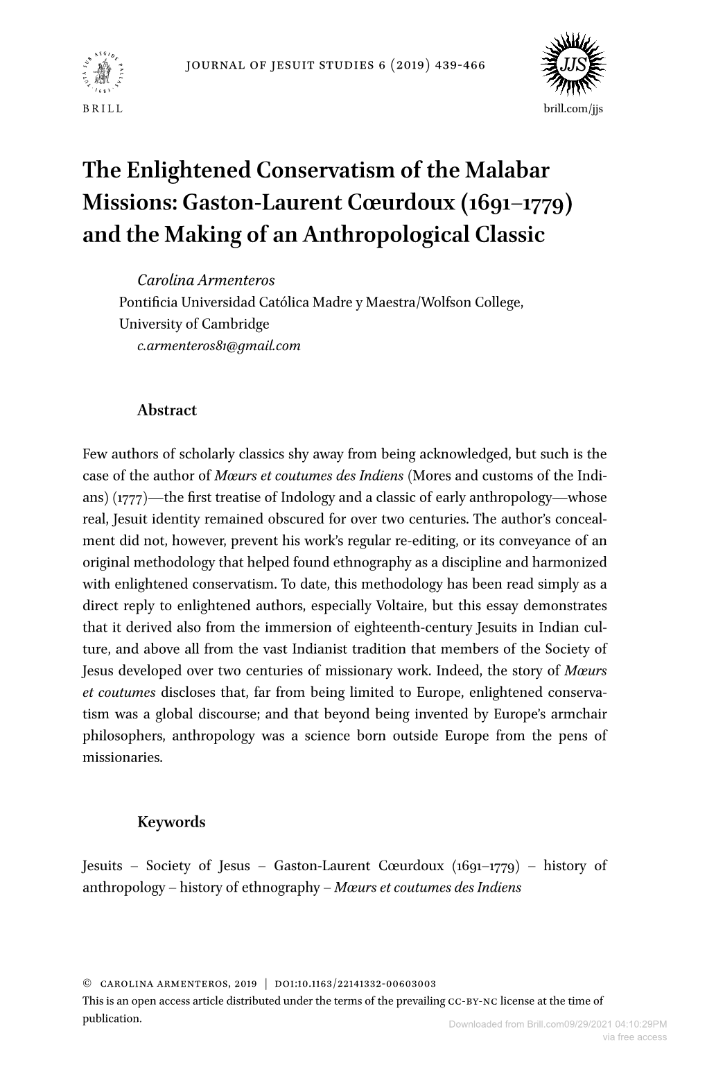 The Enlightened Conservatism of the Malabar Missions: Gaston-Laurent Cœurdoux (1691–1779) and the Making of an Anthropological Classic