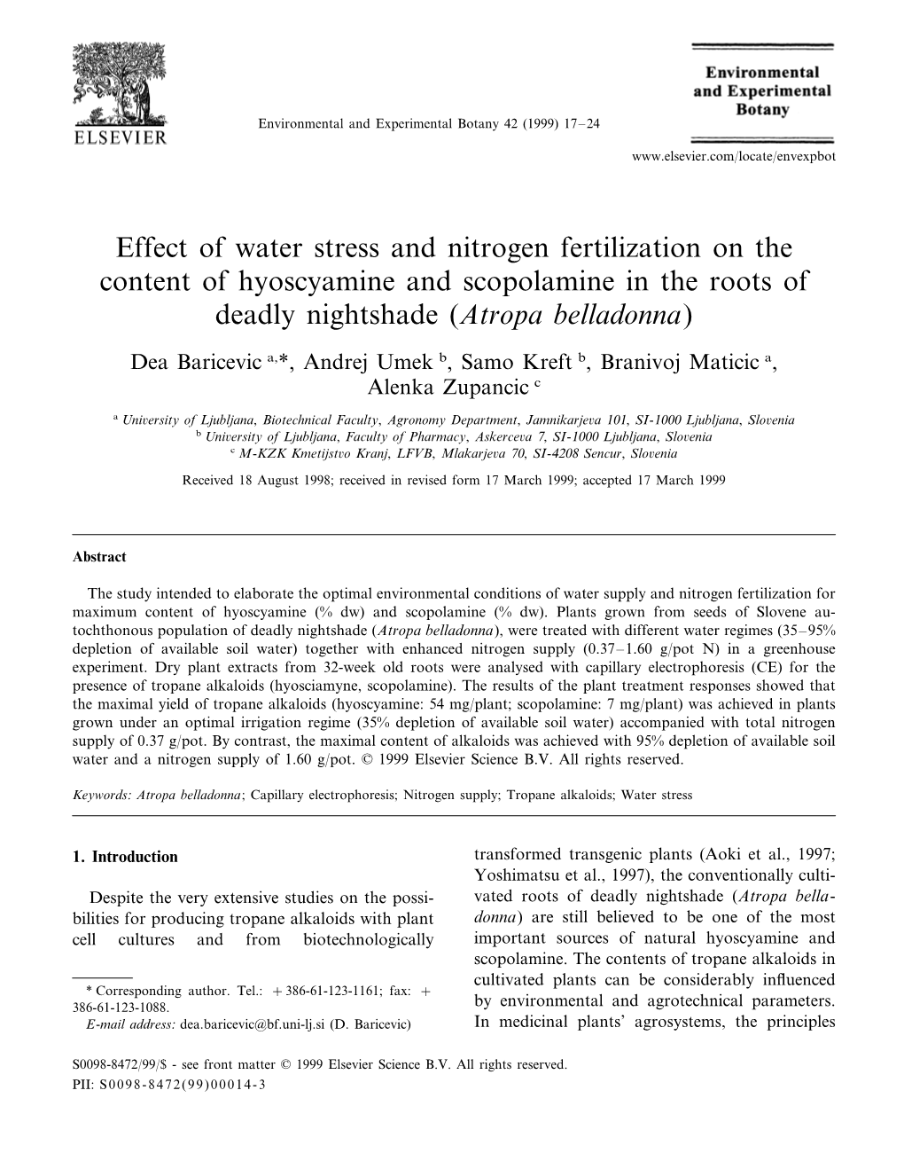 Effect of Water Stress and Nitrogen Fertilization on the Content of Hyoscyamine and Scopolamine in the Roots of Deadly Nightshade (Atropa Belladonna)