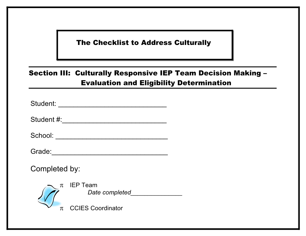 Checklist for Culturally Responsive Practices: III