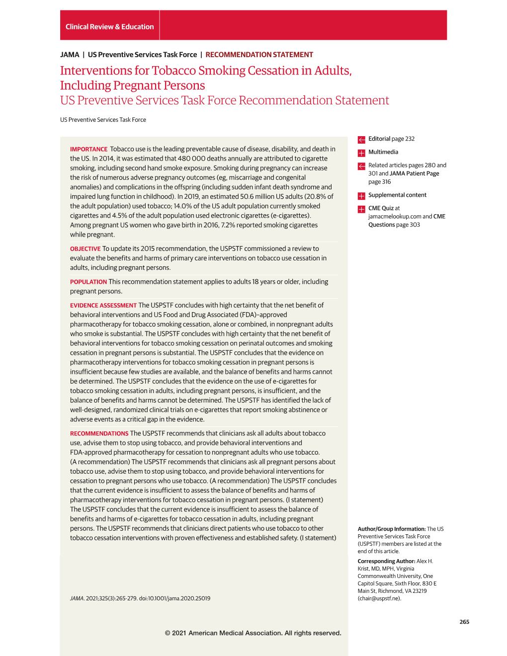 Interventions for Tobacco Smoking Cessation in Adults, Including Pregnant Persons: US Preventive Services Task Force Recommendat