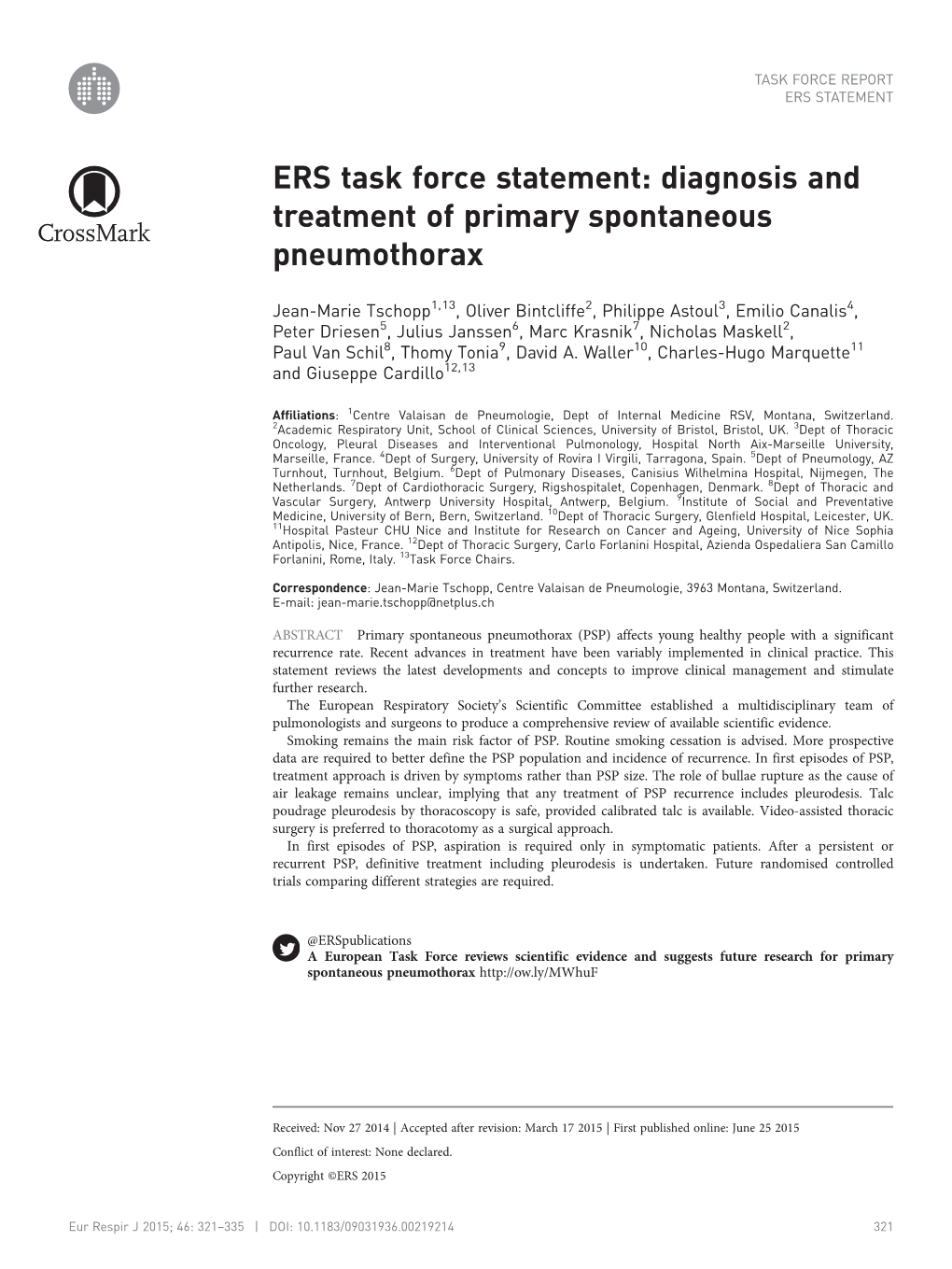 Diagnosis and Treatment of Primary Spontaneous Pneumothorax