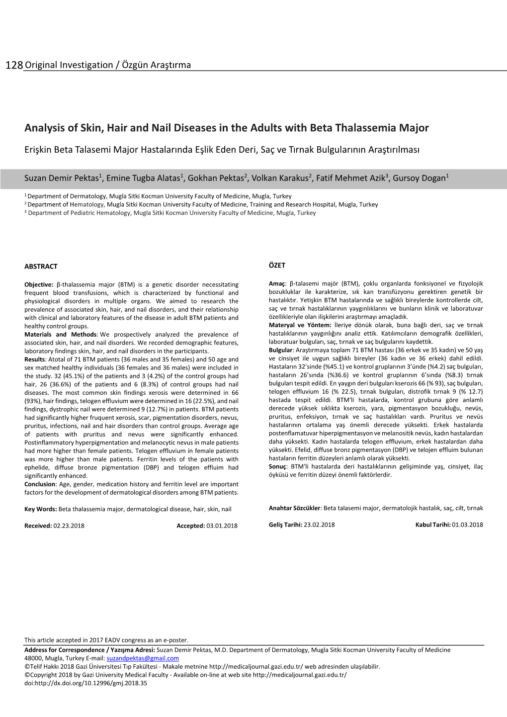 Analysis of Skin, Hair and Nail Diseases in the Adults with Beta Thalassemia Major
