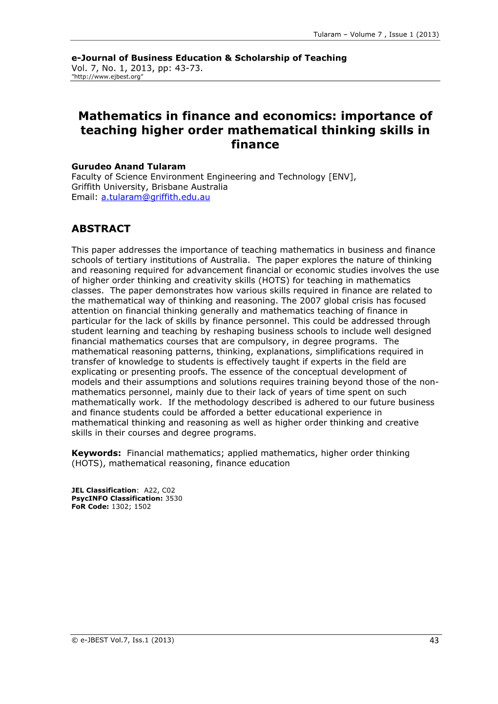 Importance of Teaching Higher Order Mathematical Thinking Skills in Finance