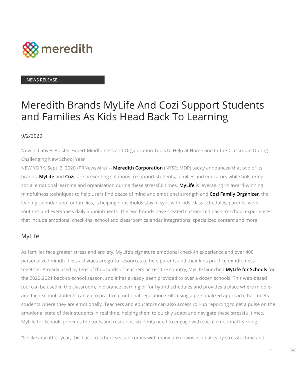 Meredith Brands Mylife and Cozi Support Students and Families As Kids Head Back to Learning