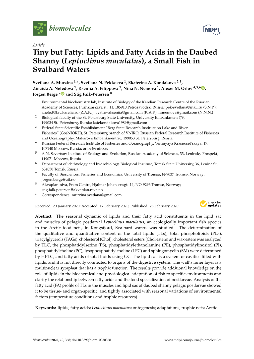 Lipids and Fatty Acids in the Daubed Shanny (Leptoclinus Maculatus), a Small Fish in Svalbard Waters