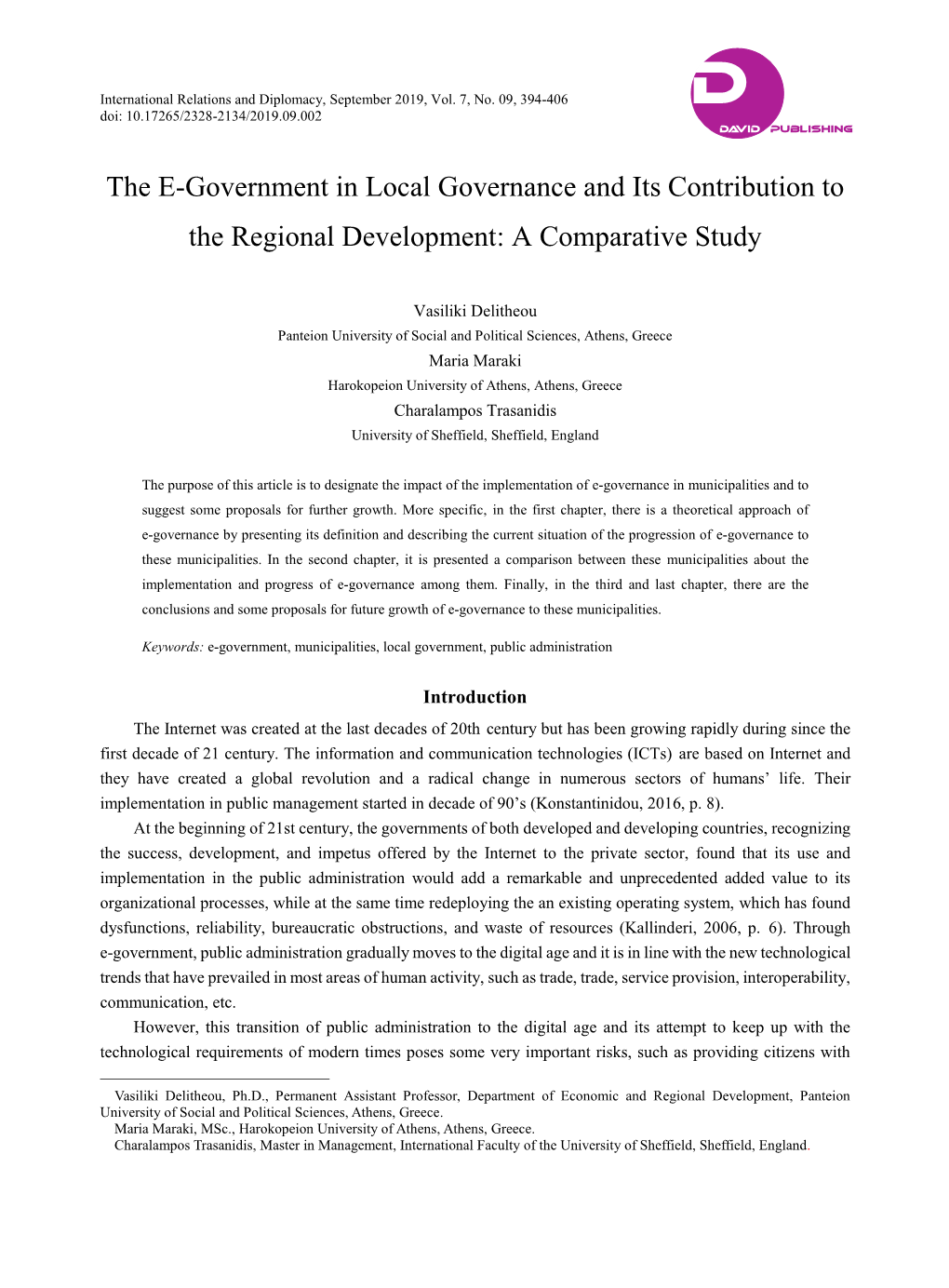 The E-Government in Local Governance and Its Contribution to the Regional Development: a Comparative Study