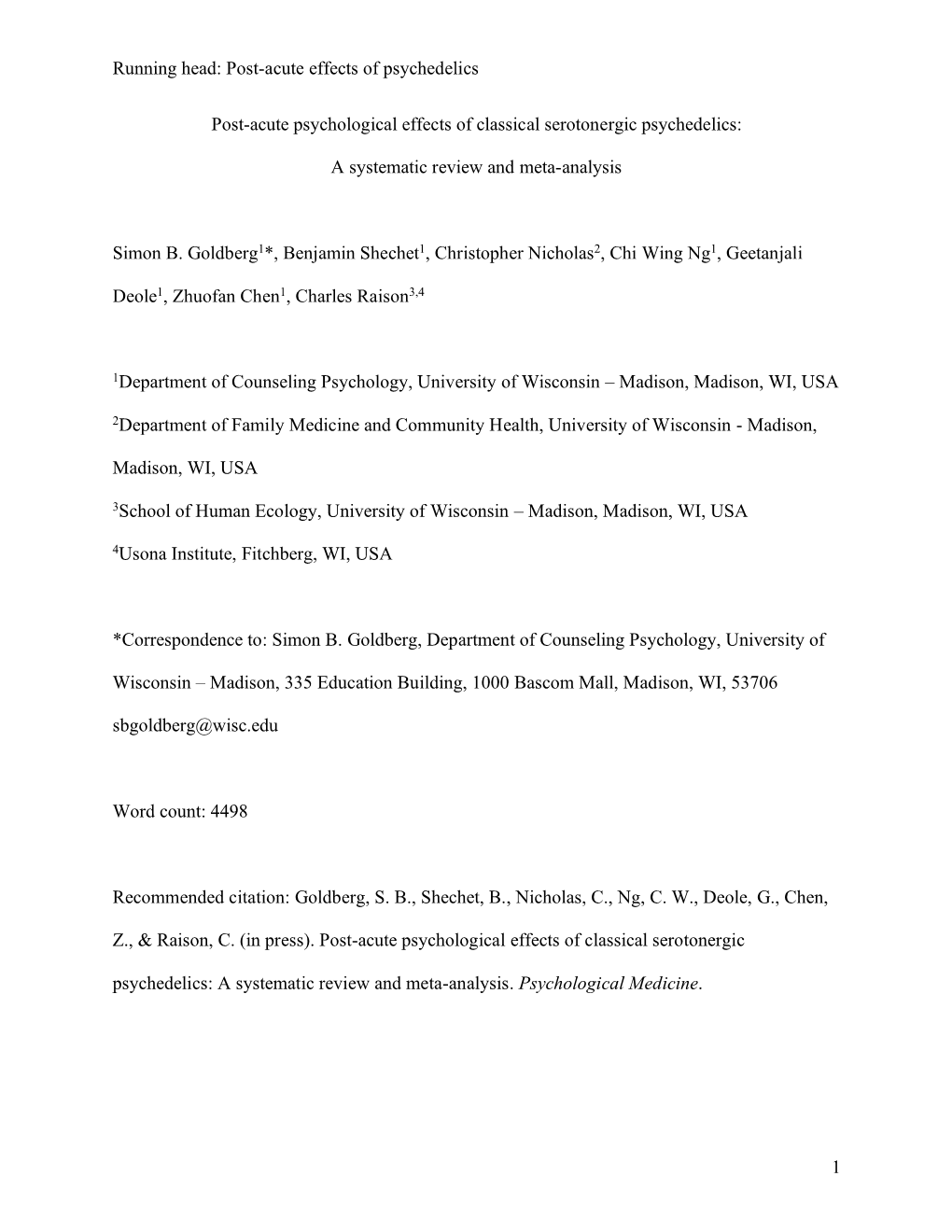 Post-Acute Psychological Effects of Classical Serotonergic Psychedelics