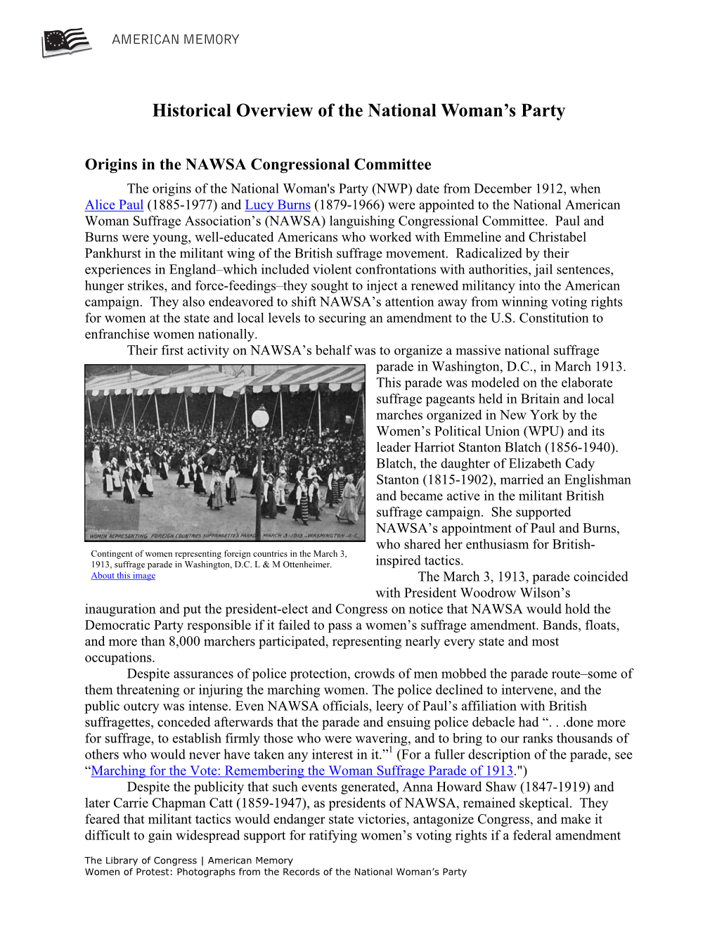 Historical Overview of the National Woman's Party