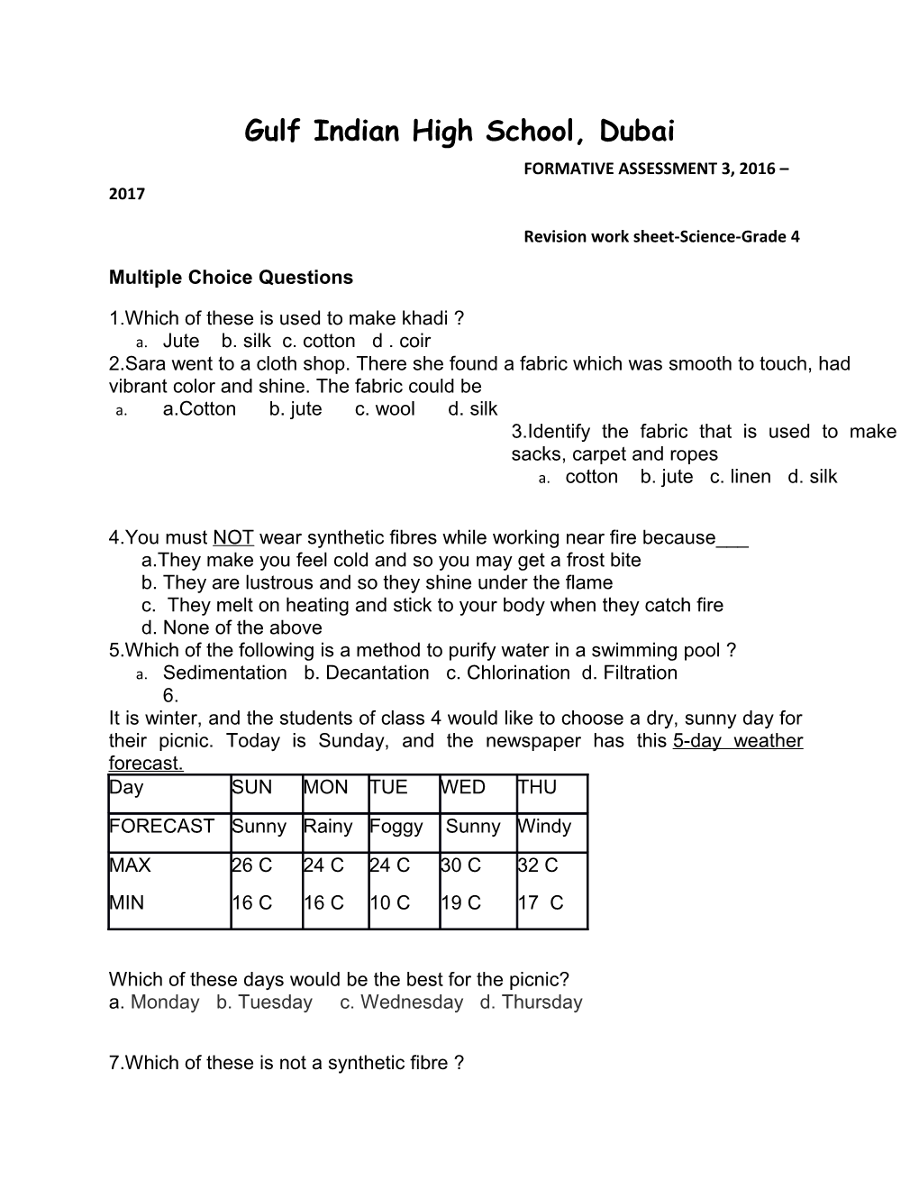 Revision Work Sheet-Science-Grade 4