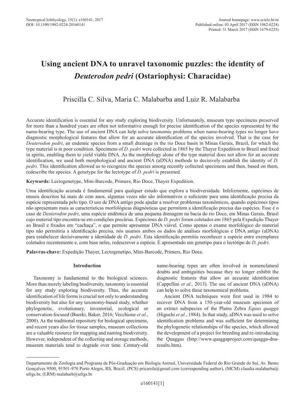 Using Ancient DNA to Unravel Taxonomic Puzzles: the Identity of Deuterodon Pedri (Ostariophysi: Characidae)