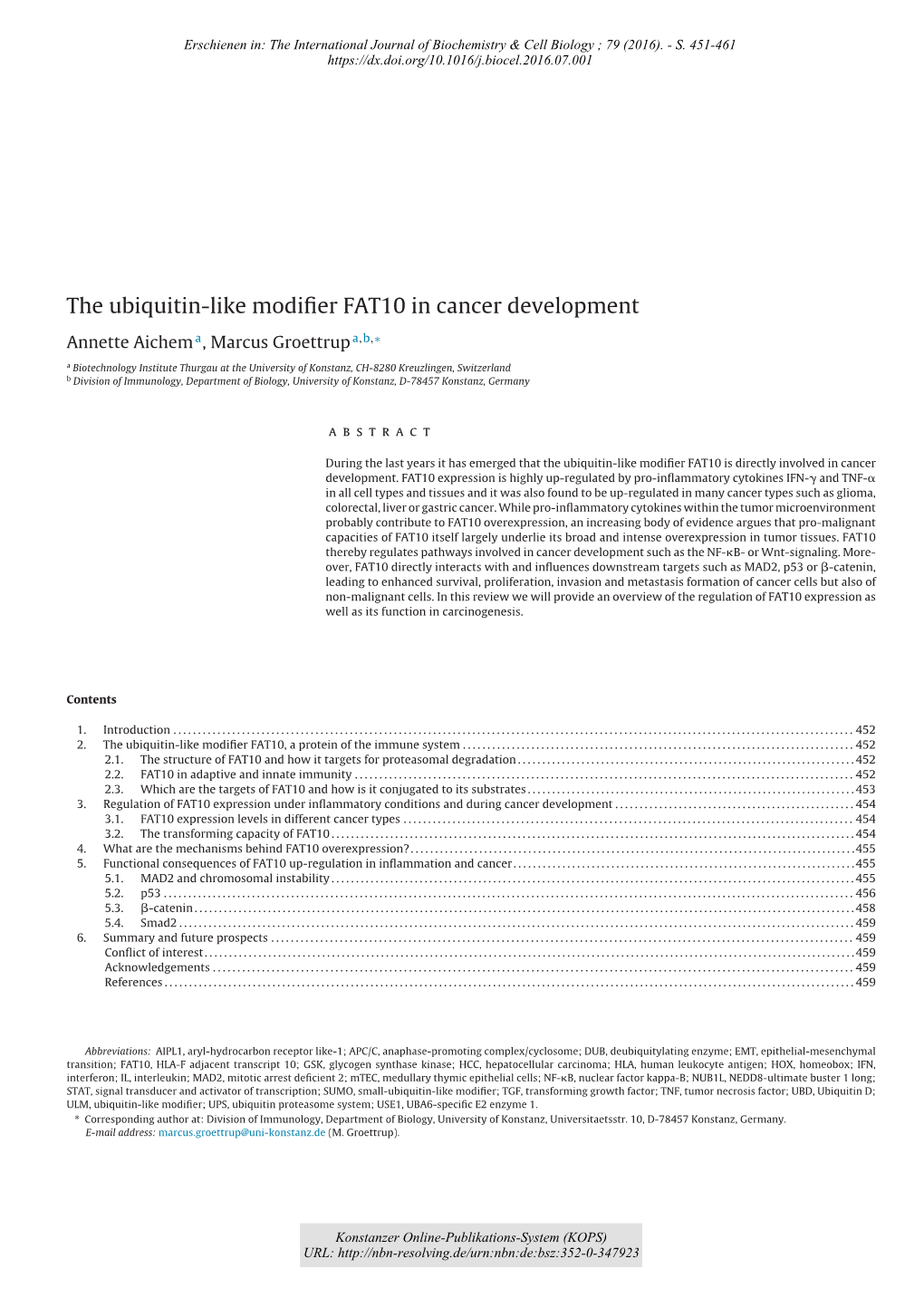 The Ubiquitin-Like Modifier FAT10 in Cancer Development
