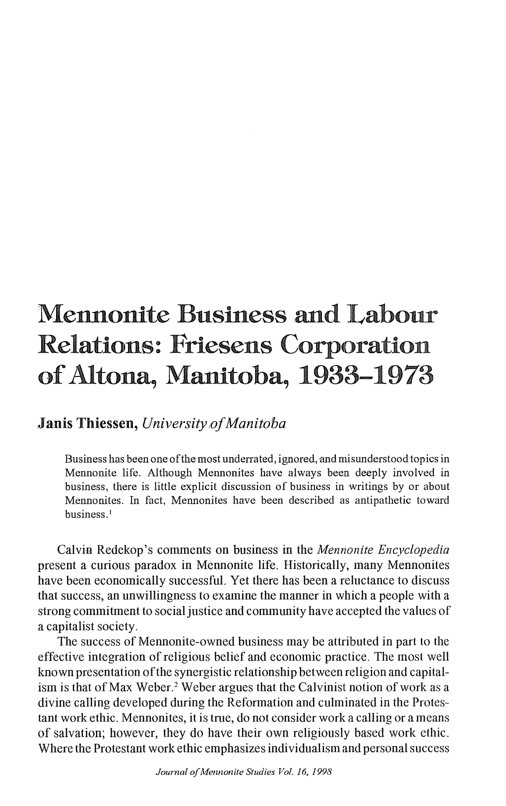 Mennonite Business and Labour Relations: Friesens Corporation Of
