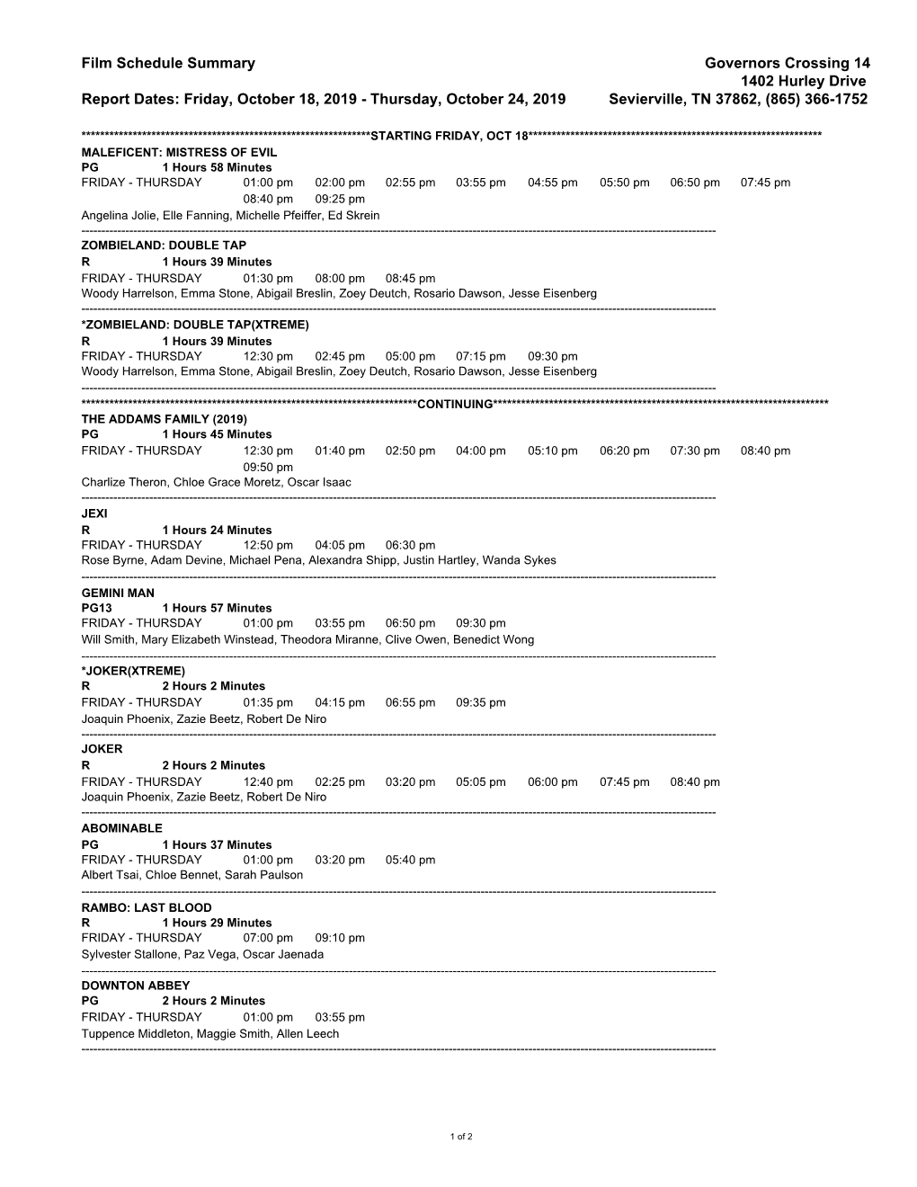 Film Schedule Summary Governors Crossing 14 1402