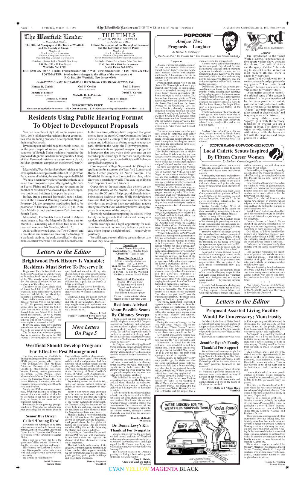 4 Thursday, March 11, 1999 the Westfield Leader and the TIMES of Scotch Plains – Fanwood a WATCHUNG COMMUNICATIONS, INC