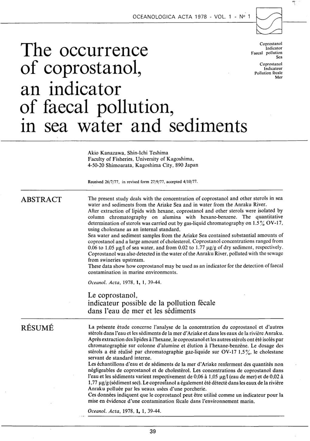The Occurrence of Coprostanol, an Indicator of Faecal Pollution in Sea