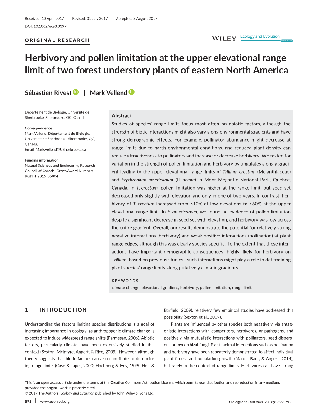 Herbivory and Pollen Limitation at the Upper Elevational Range Limit of Two Forest Understory Plants of Eastern North America