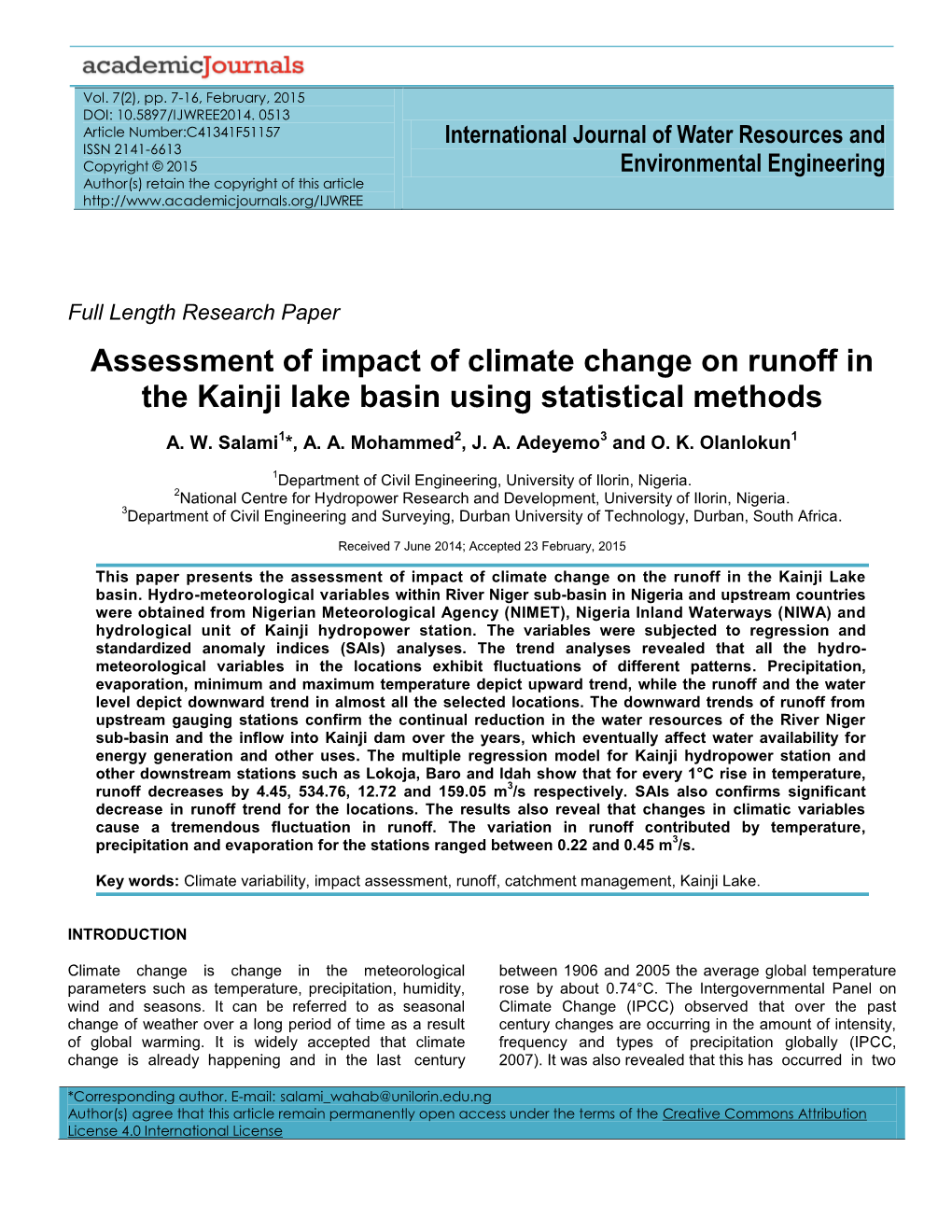 Assessment of Impact of Climate Change on Runoff in the Kainji Lake Basin Using Statistical Methods