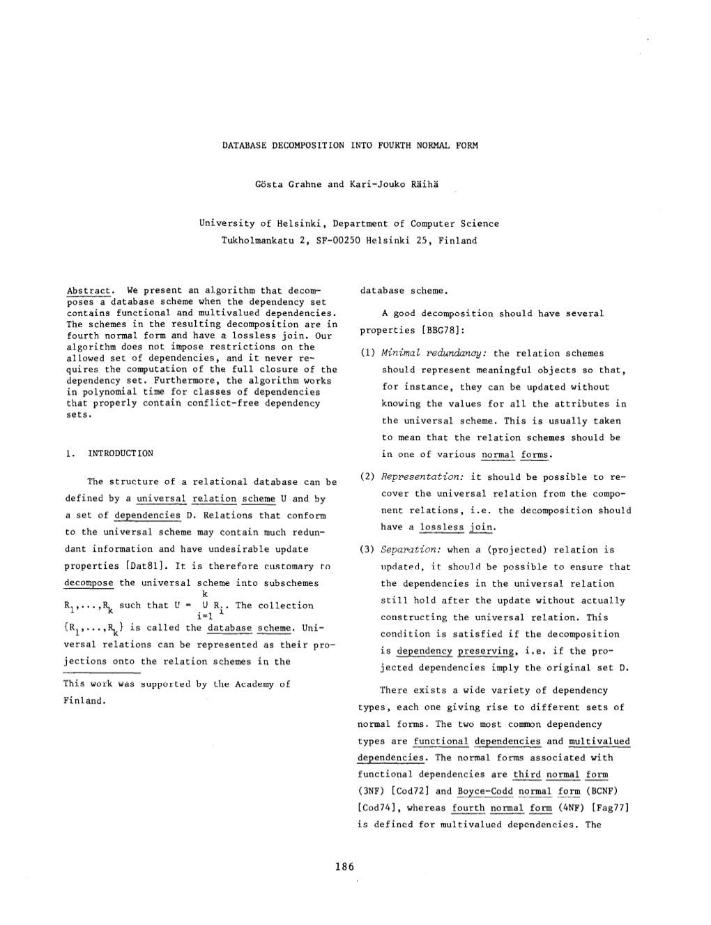 Database Decomposition Into Fourth Normal Form