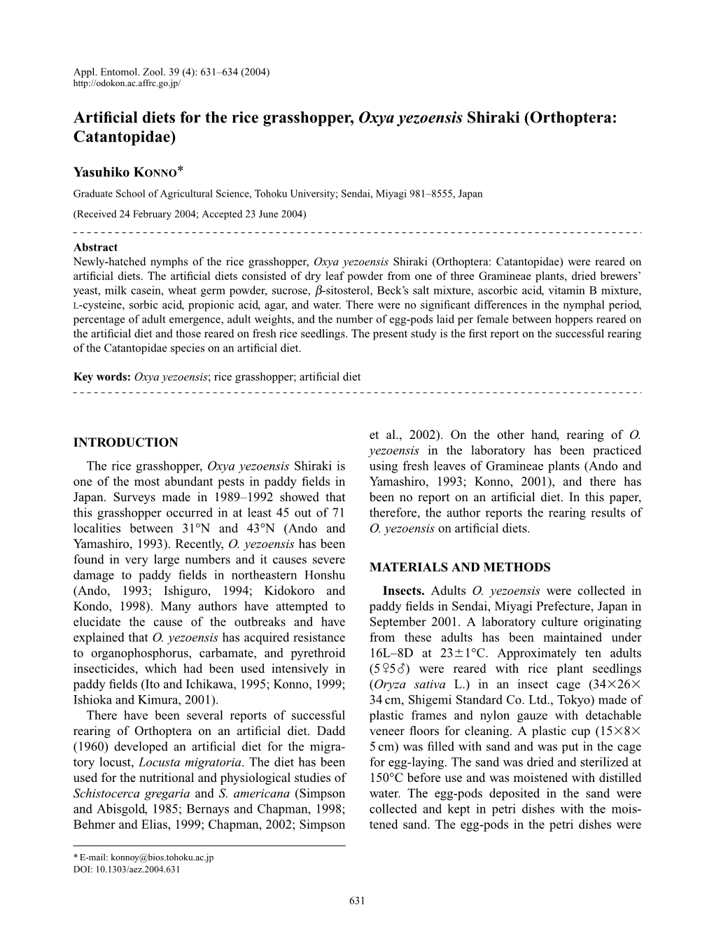 Artificial Diets for the Rice Grasshopper, Oxya Yezoensis