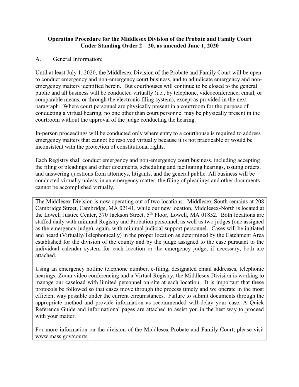 Operating Procedure for the Middlesex Division of the Probate and Family Court Under Standing Order 2 – 20, As Amended June 1, 2020