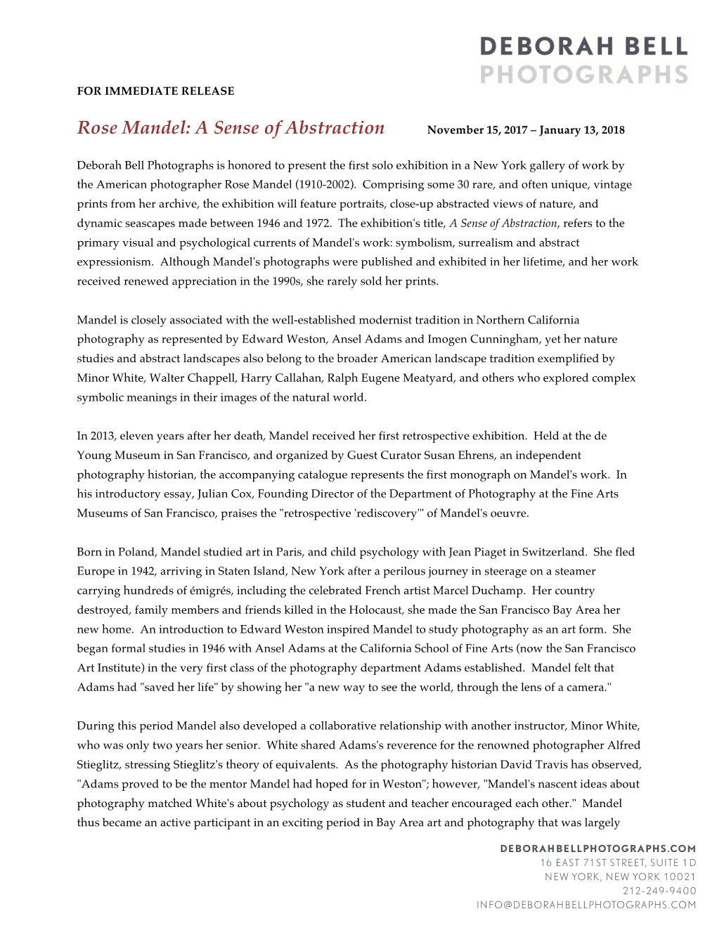 Rose Mandel: a Sense of Abstraction November 15, 2017 – January 13, 2018