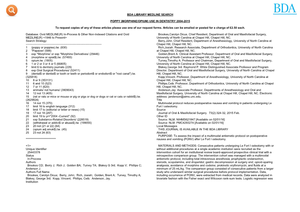 Bda Library Medline Search Poppy (Morphine/Opium)